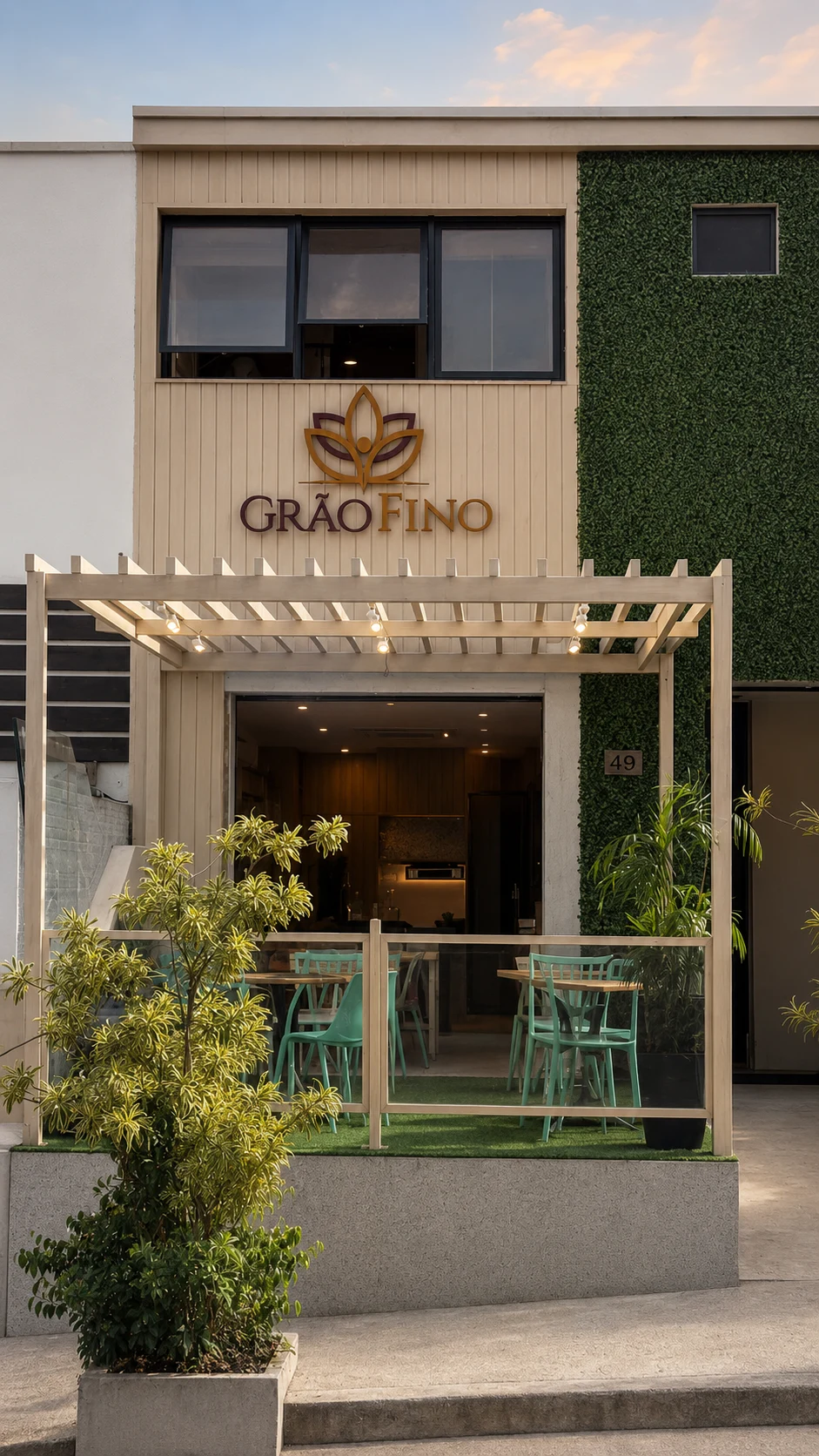 Fachada atual da Grão Fino na Rua Simão Álvares, 49, com varanda e logotipo
